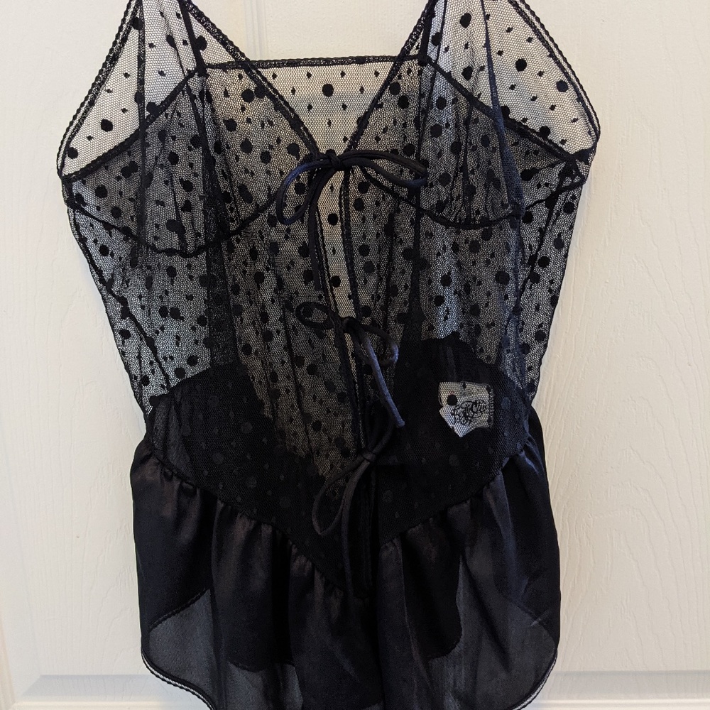 Vintage Body Chic Black Sheer Polka Dot Teddy M